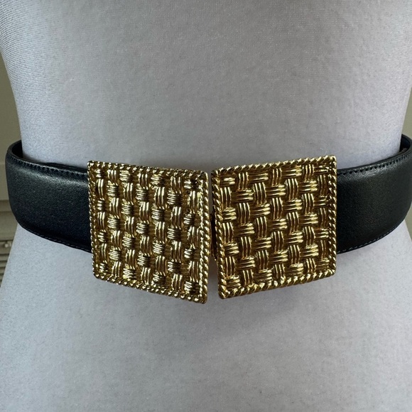 None Accessories - Navy Leather Adjustable Belt with Gold Basketweave Hardware Small festival
